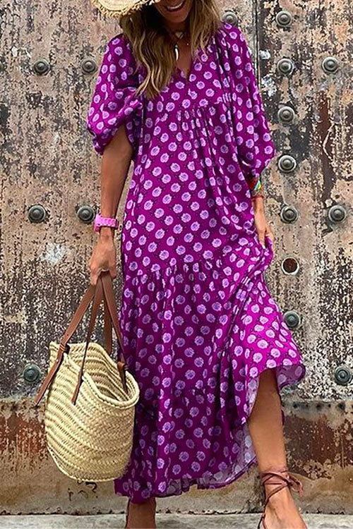 Rosiedress Puff Sleeve Geometry Printed Swing Dress Purple