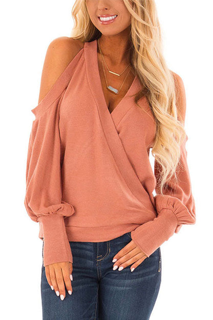 Wrap V Neck Cold Shoulder Lantern Sleeve Top Pink