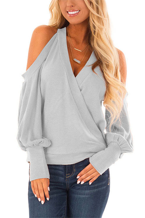 Rosiedress Wrap V Neck Cold Shoulder Lantern Sleeve Top Gray