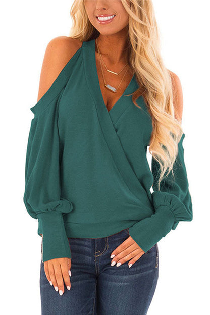 Wrap V Neck Cold Shoulder Lantern Sleeve Top Green