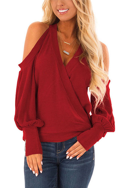 Wrap V Neck Cold Shoulder Lantern Sleeve Top Burgundy