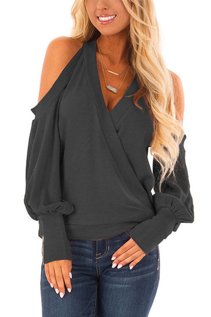 Wrap V Neck Cold Shoulder Lantern Sleeve Top Black
