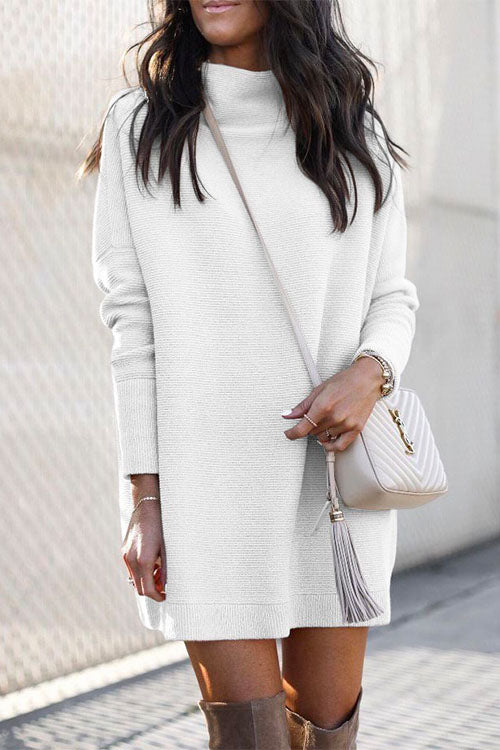 Rosiedress Solid Crewneck Long Sleeve Knit Dress White