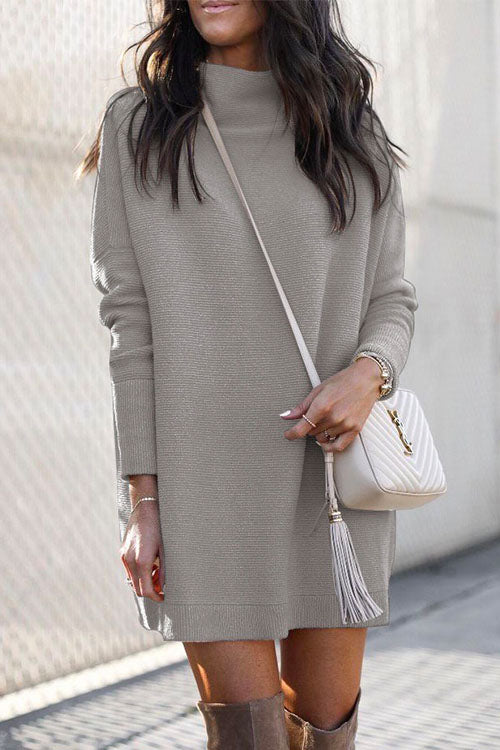 Solid Crewneck Long Sleeve Knit Dress Gray
