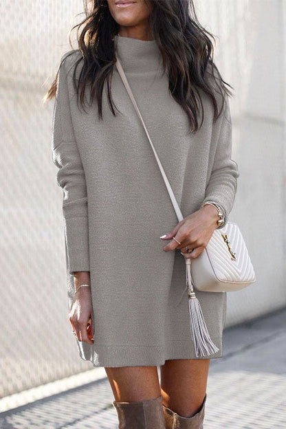 Solid Crewneck Long Sleeve Knit Dress Gray