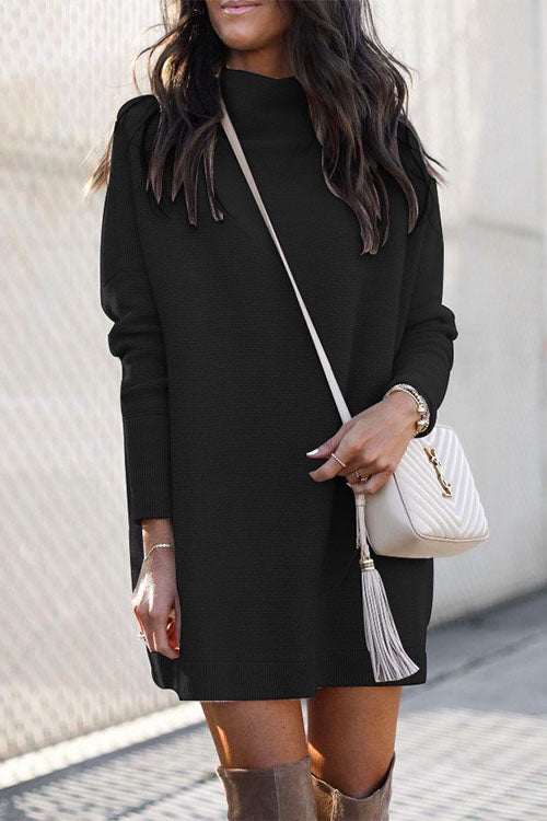 Rosiedress Solid Crewneck Long Sleeve Knit Dress Black