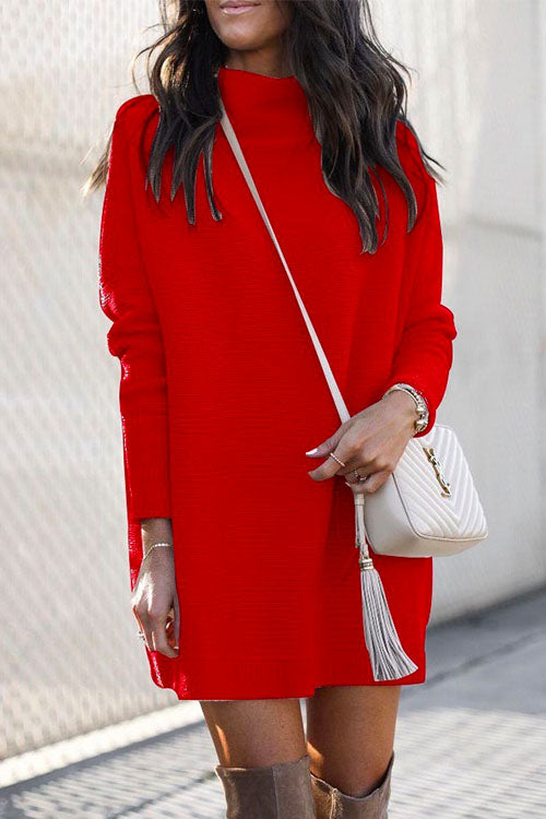 Rosiedress Solid Crewneck Long Sleeve Knit Dress Red