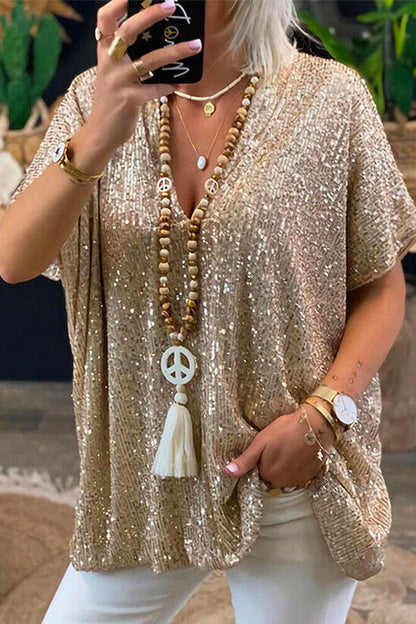 Stylish V Neck Short Sleeve Sequin T Shirt LightYellow
