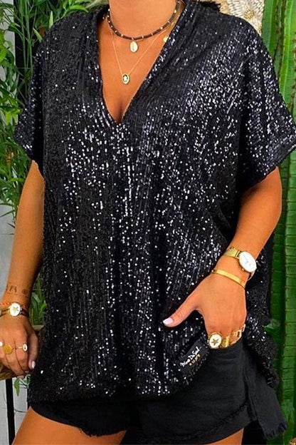 Stylish V Neck Short Sleeve Sequin T Shirt Black