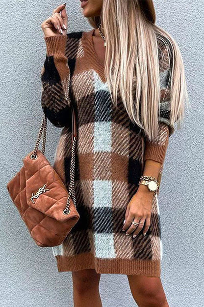 Rosiedress V Neck Long Sleeve Plaid Sweater Dress