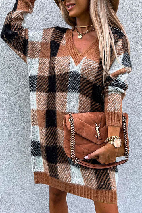 Rosiedress V Neck Long Sleeve Plaid Sweater Dress