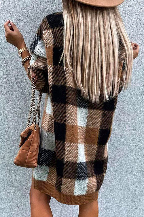 Rosiedress V Neck Long Sleeve Plaid Sweater Dress