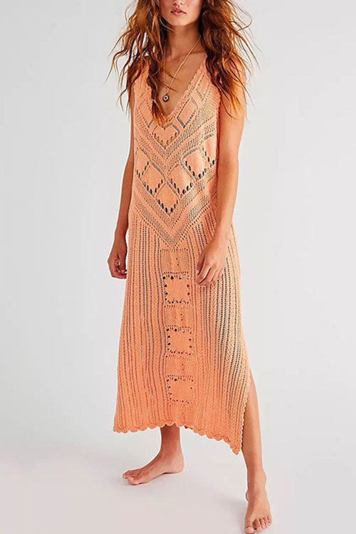 Sleeveless Hollow Out Side Split Cover Up Dress Yellow OneSize