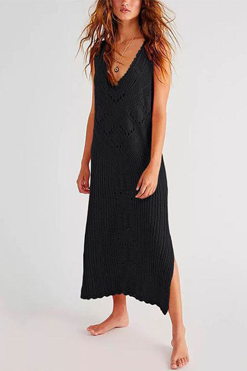 Sleeveless Hollow Out Side Split Cover Up Dress Black OneSize
