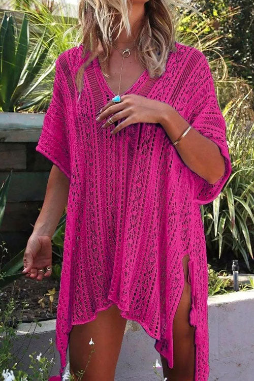 V Neck Hollow Out Printed Cover Up Dress HotPink OneSize