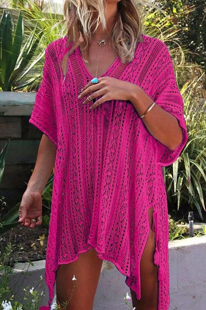V Neck Hollow Out Printed Cover Up Dress HotPink OneSize