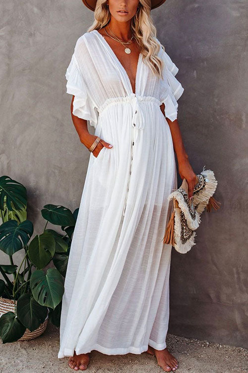 Rosiedress V Neck Short Sleeve Tie Waist Swing Beach Dress White OneSize