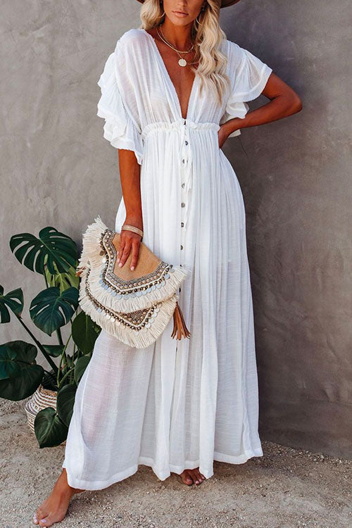 Rosiedress V Neck Short Sleeve Tie Waist Swing Beach Dress