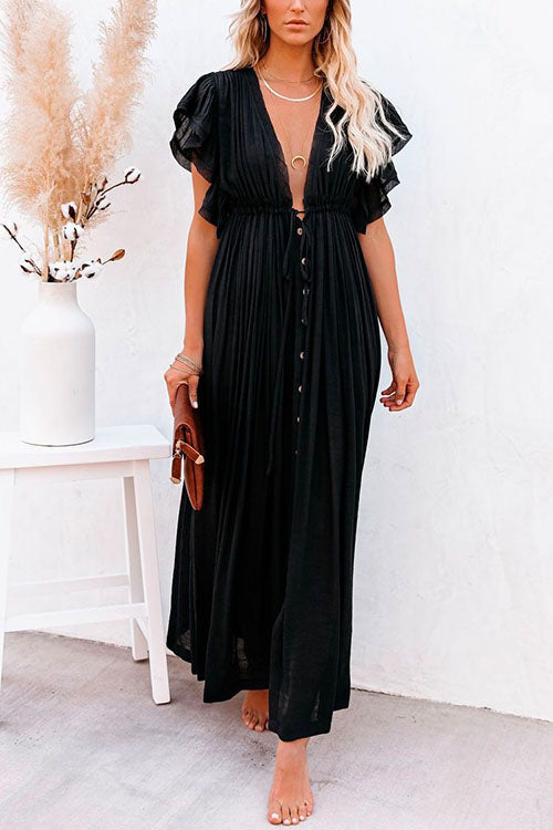 V Neck Short Sleeve Tie Waist Swing Beach Dress Black OneSize