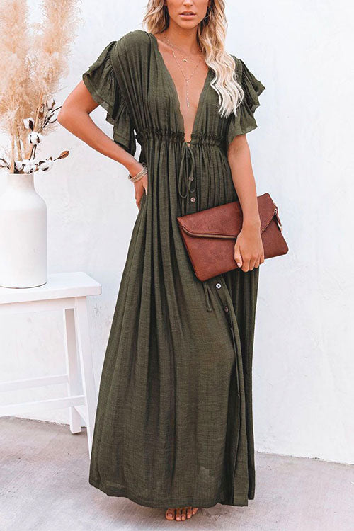 V Neck Short Sleeve Tie Waist Swing Beach Dress ArmyGreen OneSize