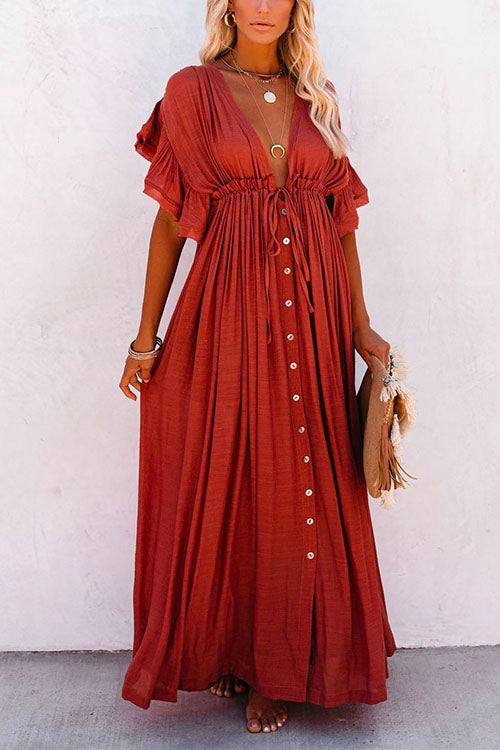 V Neck Short Sleeve Tie Waist Swing Beach Dress BrickRed OneSize