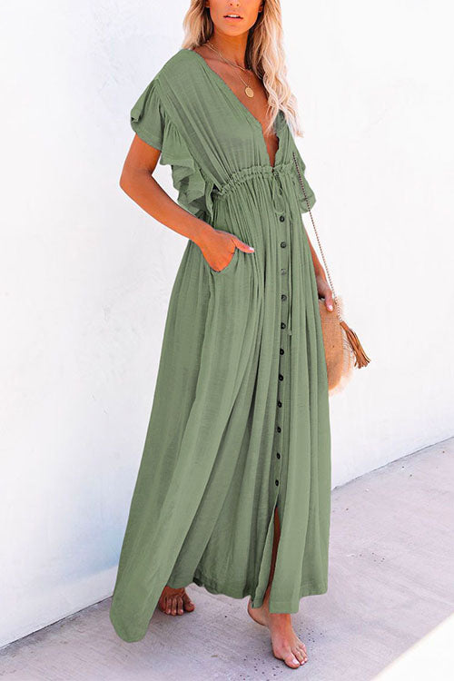 V Neck Short Sleeve Tie Waist Swing Beach Dress LightGreen OneSize