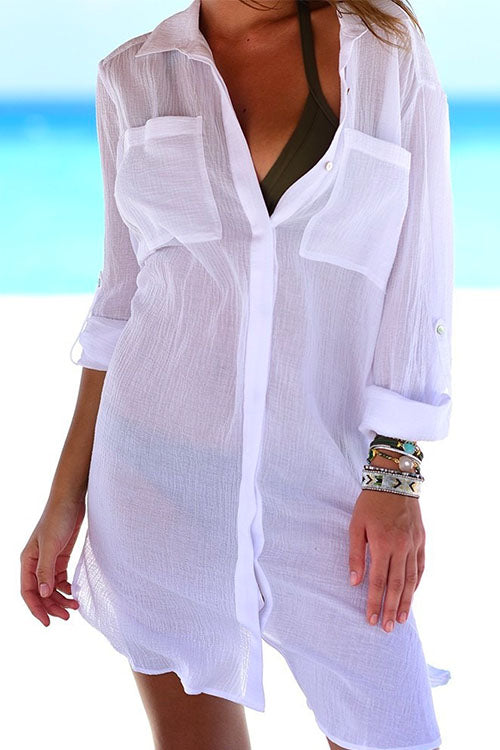 Long Sleeve Beach Blouse Shirt with Pockets White OneSize