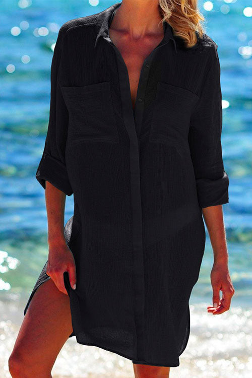 Long Sleeve Beach Blouse Shirt with Pockets Black OneSize
