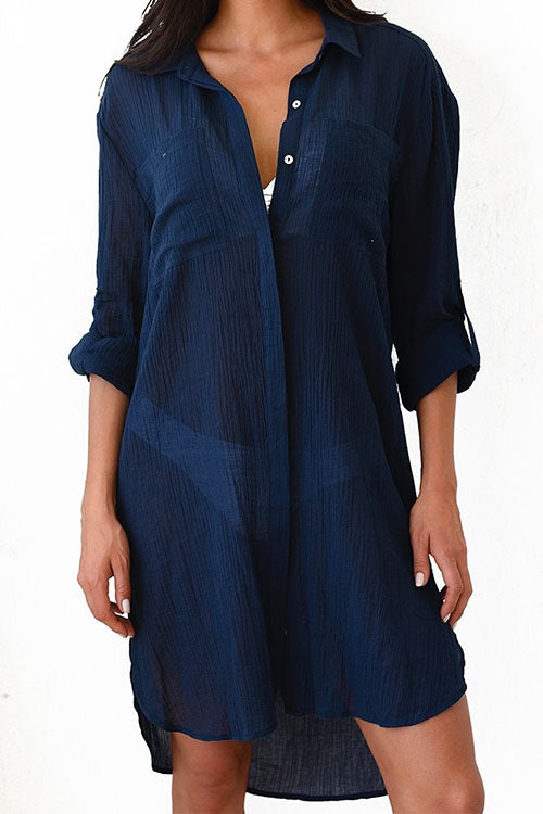 Rosiedress Long Sleeve Beach Blouse Shirt with Pockets DarkBlue OneSize