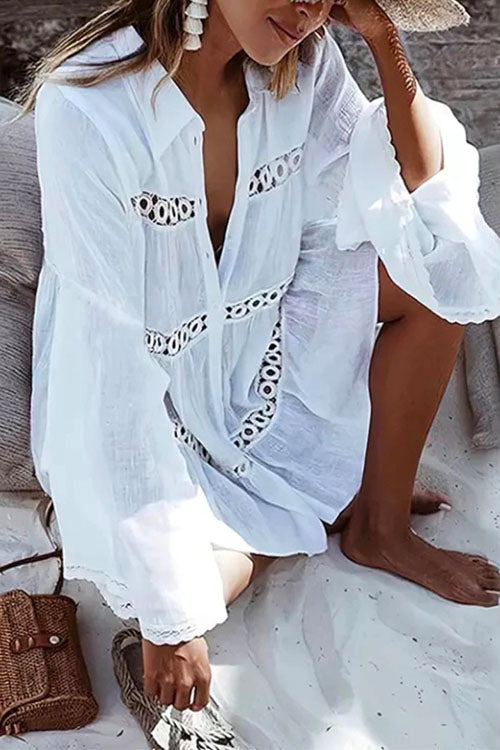 Rosiedress Long Sleeve Beach Lace Shirt Dress White OneSize