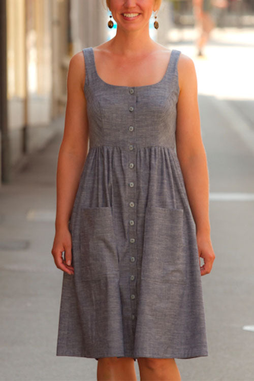 Rosiedress U Neck Button Down Tank Dress with Pockets Gray