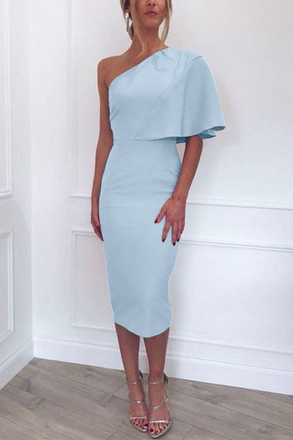 One Shoulder Short Sleeve Waisted Bodycon Dress Blue