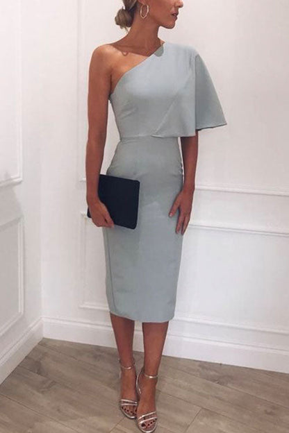 One Shoulder Short Sleeve Waisted Bodycon Dress Gray