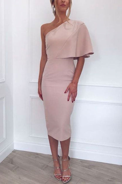 One Shoulder Short Sleeve Waisted Bodycon Dress Pink