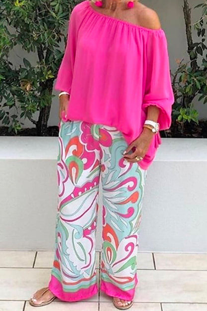 Rosiedress Crewneck Long Sleeve T-shirt and Wide Leg Printed Pants Set Pink