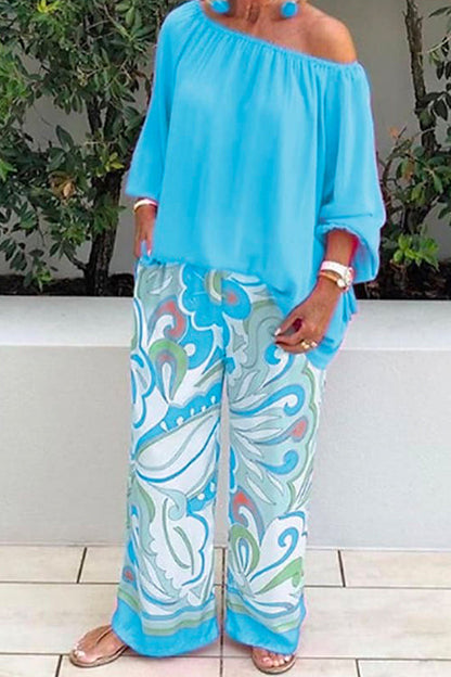 Rosiedress Crewneck Long Sleeve T-shirt and Wide Leg Printed Pants Set LightBlue