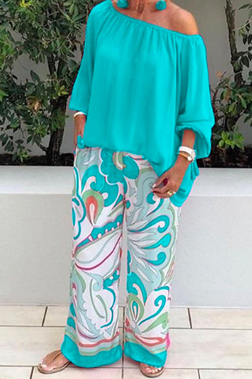 Rosiedress Crewneck Long Sleeve T-shirt and Wide Leg Printed Pants Set Green