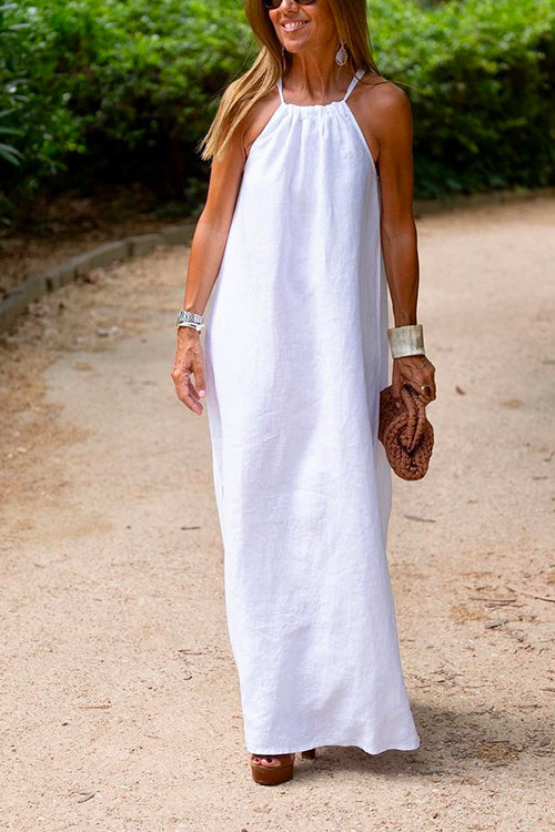 Rosiedress Halter Sleeveless Cotton Linen Beach Dress White