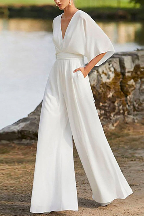 Rosiedress Deep V Neck High Waist Wide Leg Jumpsuit White