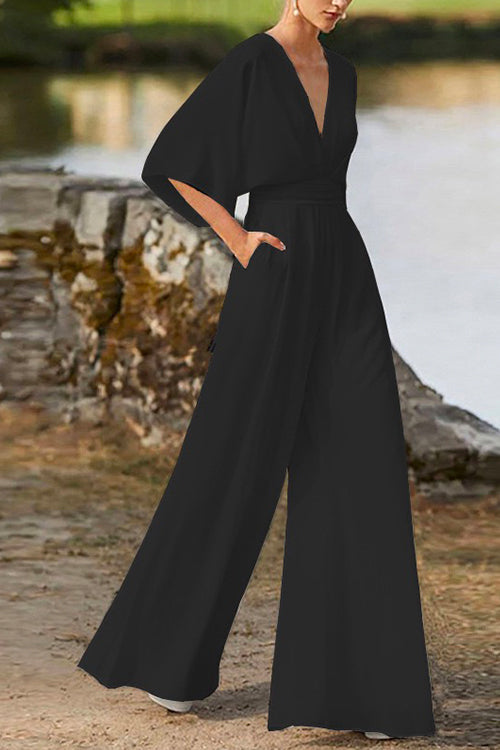 Rosiedress Deep V Neck High Waist Wide Leg Jumpsuit Black