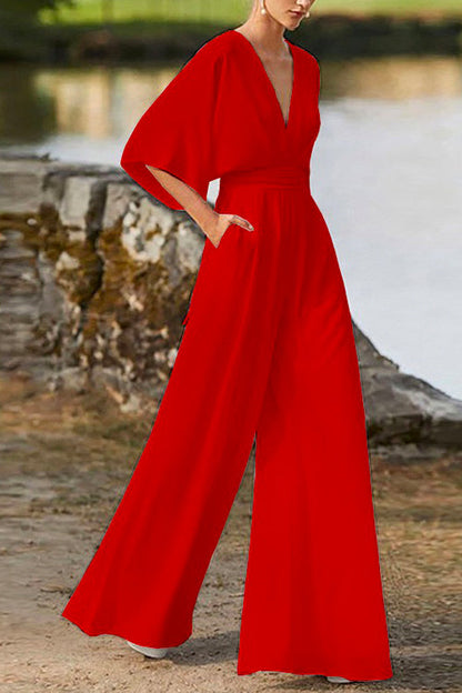 Deep V Neck High Waist Wide Leg Jumpsuit Red