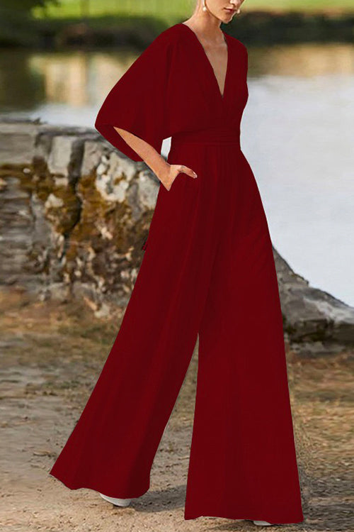 Rosiedress Deep V Neck High Waist Wide Leg Jumpsuit Burgundy