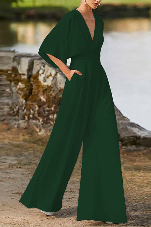 Rosiedress Deep V Neck High Waist Wide Leg Jumpsuit DarkGreen