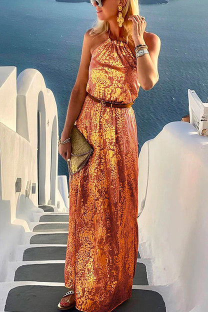 Halter Sleeveless Waisted Printed Holiday Dress Orange Gold