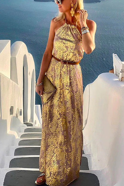 Halter Sleeveless Waisted Printed Holiday Dress Rose Gold
