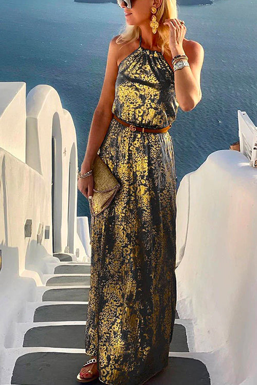 Halter Sleeveless Waisted Printed Holiday Dress Black Gold