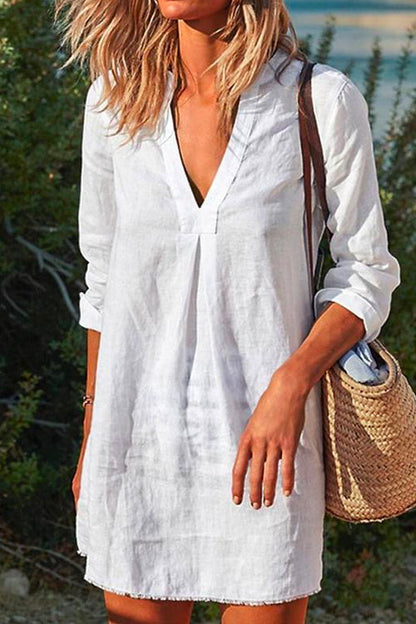 V Neck Long Sleeve Cotton Linen Dress White