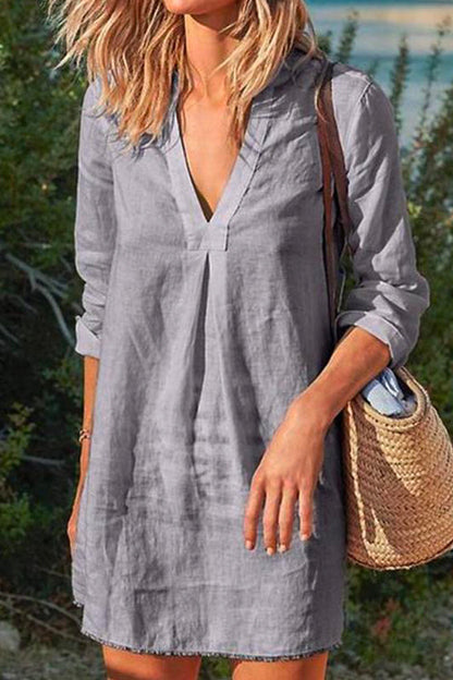 V Neck Long Sleeve Cotton Linen Dress Gray