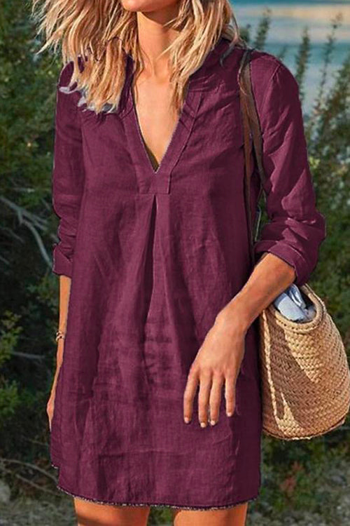 V Neck Long Sleeve Cotton Linen Dress Purple