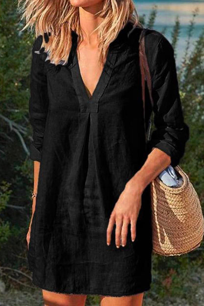 V Neck Long Sleeve Cotton Linen Dress Black